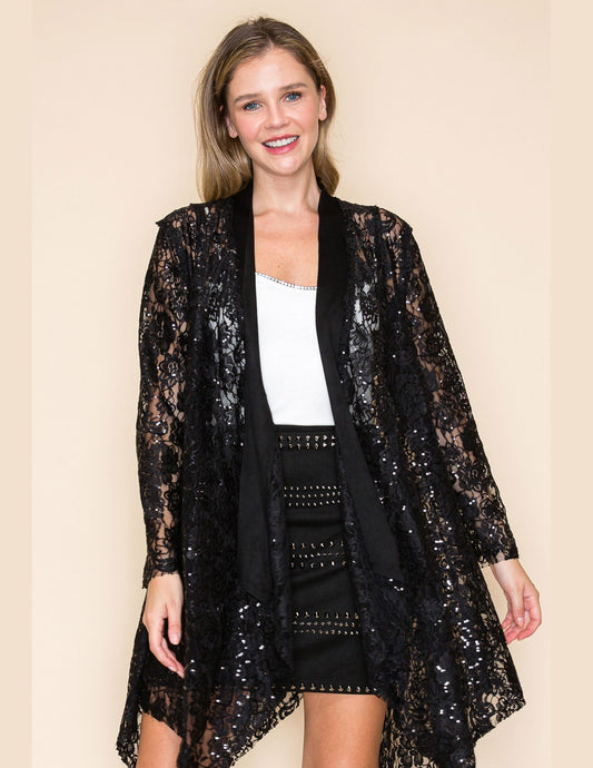 Long Sleeve Sequin Lace Cardigan - CARDIGANS