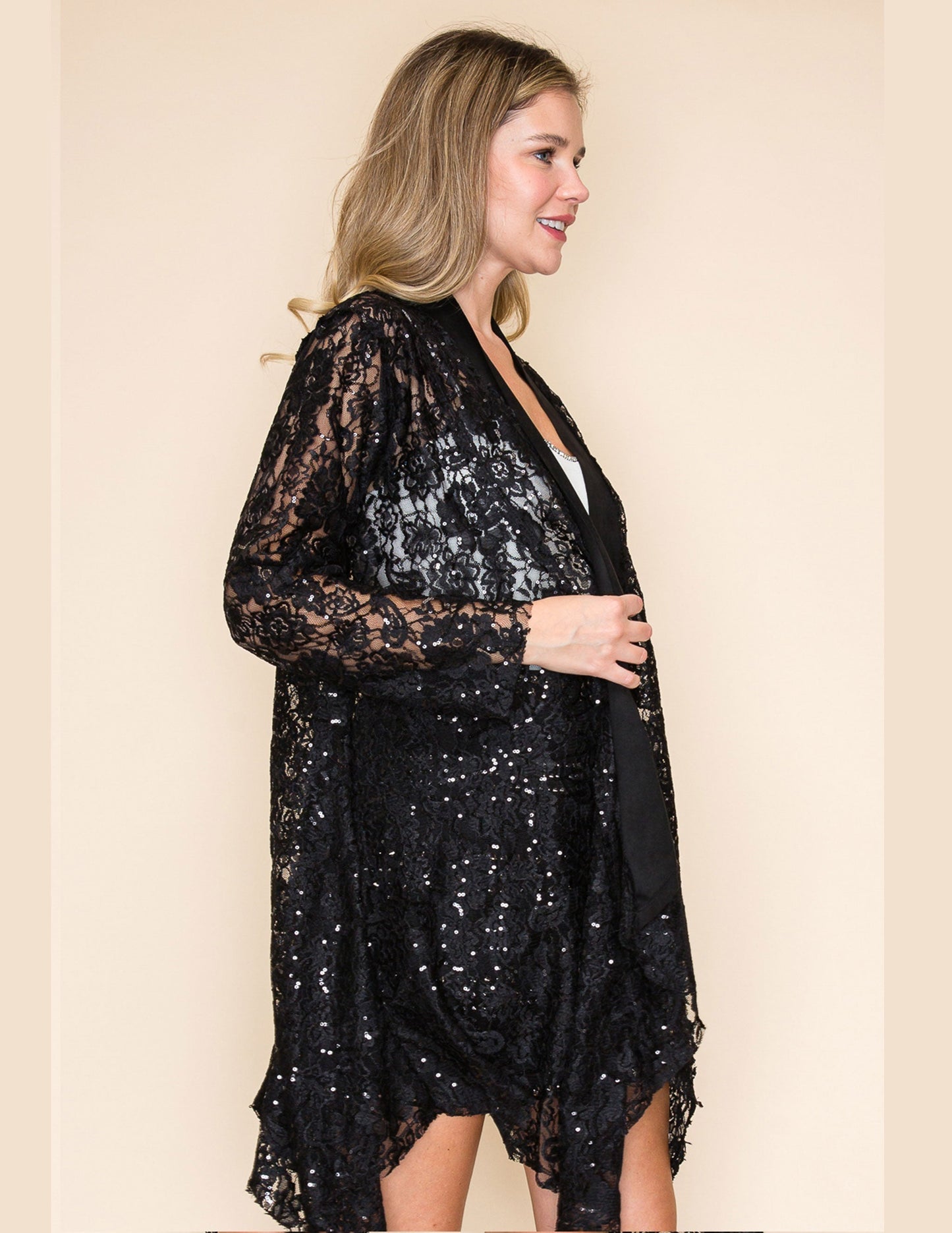 Long Sleeve Sequin Lace Cardigan - CARDIGANS