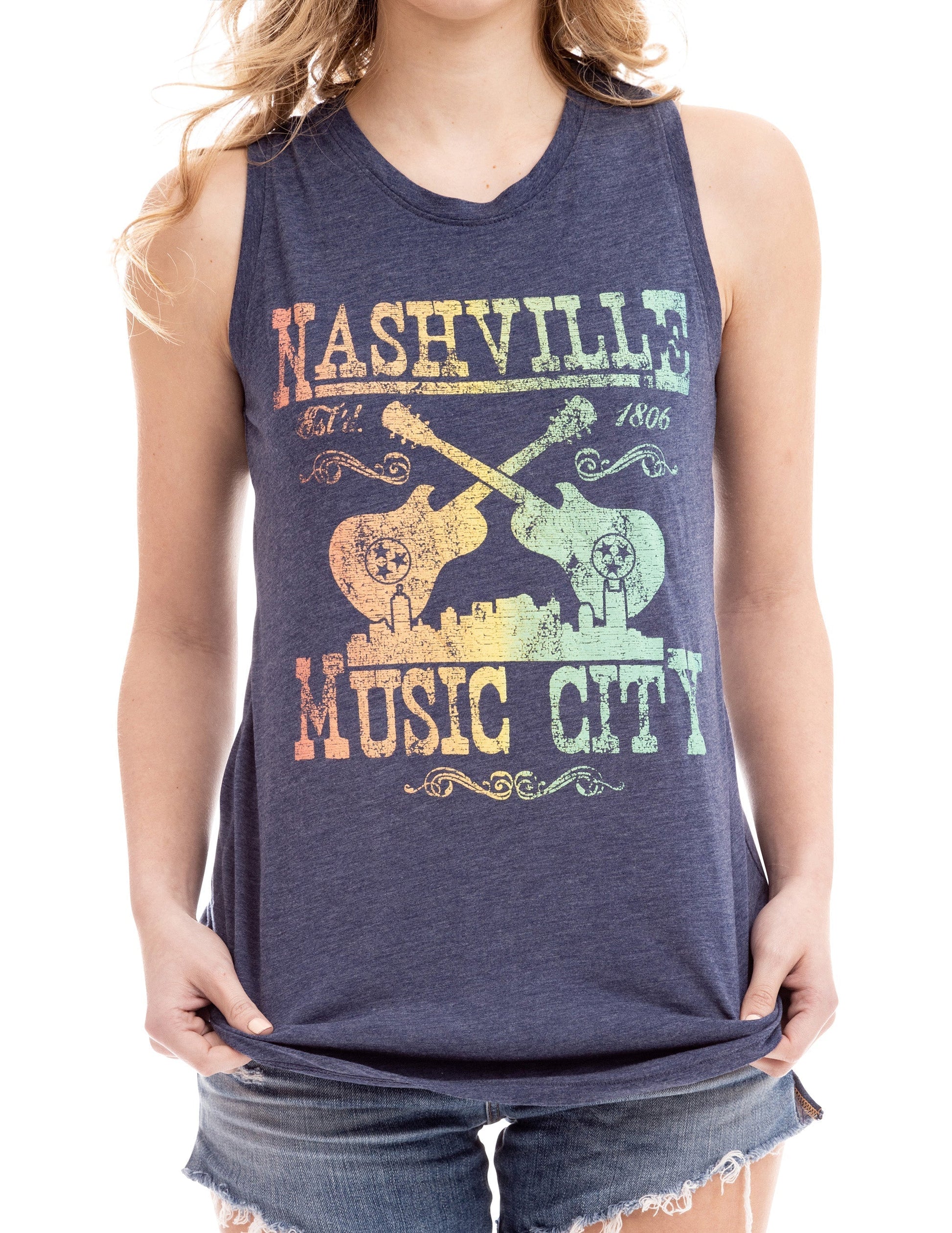 Nashville Crossed Guitars Gradient Tank - BLUE / SM - TANKS