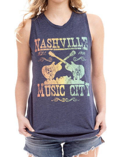 Nashville Crossed Guitars Gradient Tank - BLUE / SM - TANKS