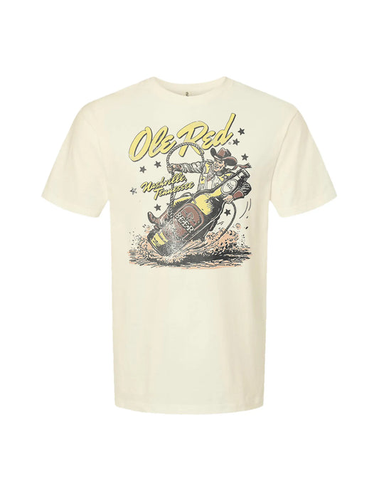 Beige t-shirt with graphic design and text on a white background