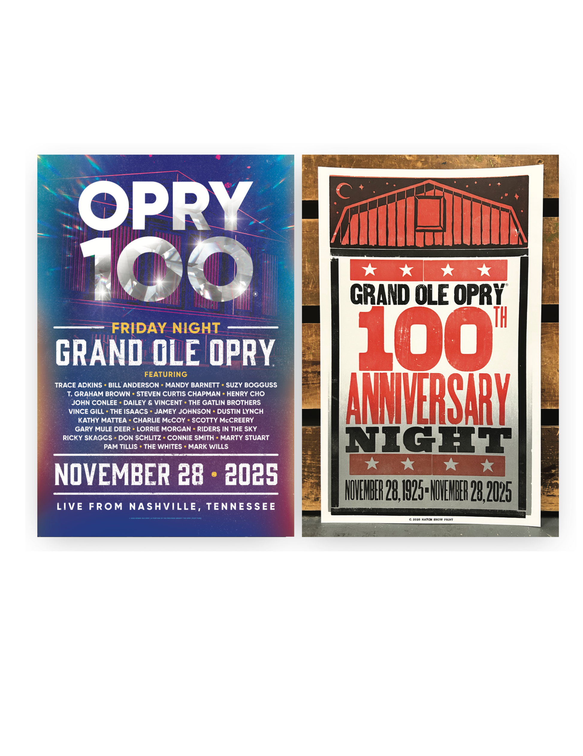 Two posters celebrating the Grand Ole Opry's 100th anniversary on a white background.