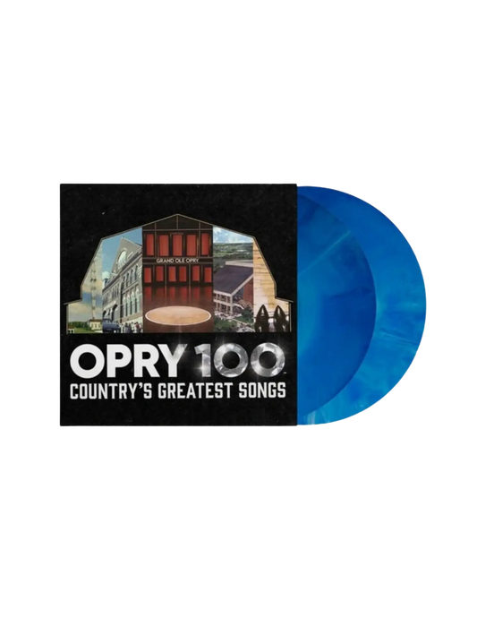 Blue translucent vinyl record with black album sleeve titled opry 100 countrys greatest songs featuring grand ole opry building