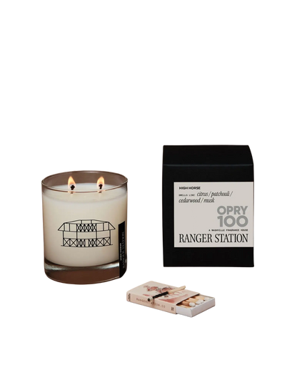 Candle with a black box labeled 'Ranger Station' on a brown background