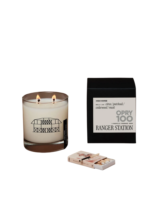 Candle with a black box labeled 'Ranger Station' on a brown background