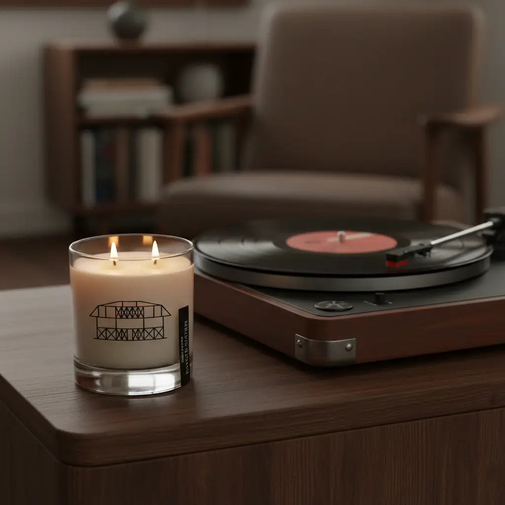 A white scented candle with two lit wicks in a clear glass jar featuring an illustrated bridge design named opry 100 ranger station high horse candle