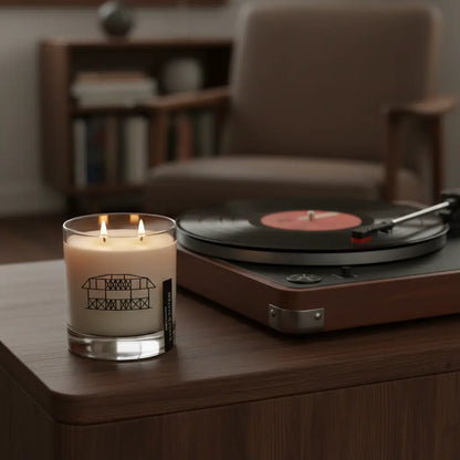 A white scented candle with two lit wicks in a clear glass jar featuring an illustrated bridge design named opry 100 ranger station high horse candle