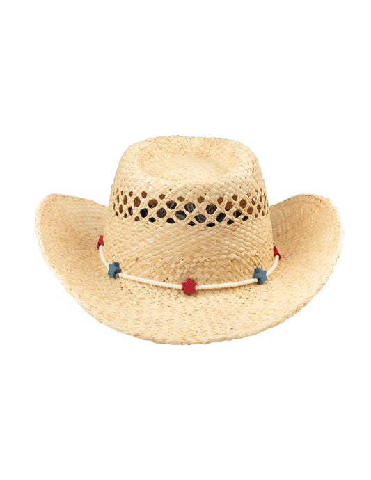 Straw cowboy hat with decorative band on a white background