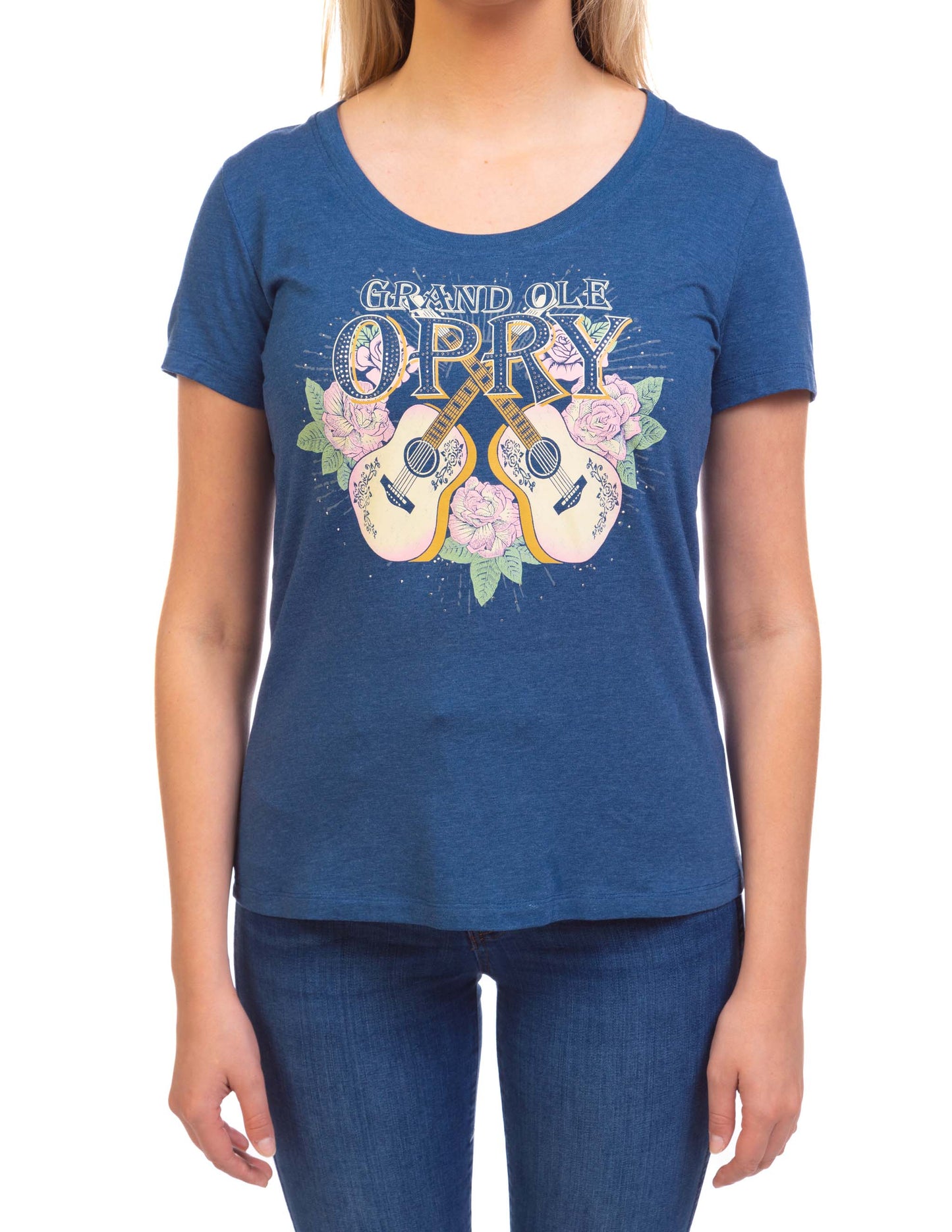 Opry Guitars and Roses Stone Embellished T-Shirt - BLUE / SM - S/S