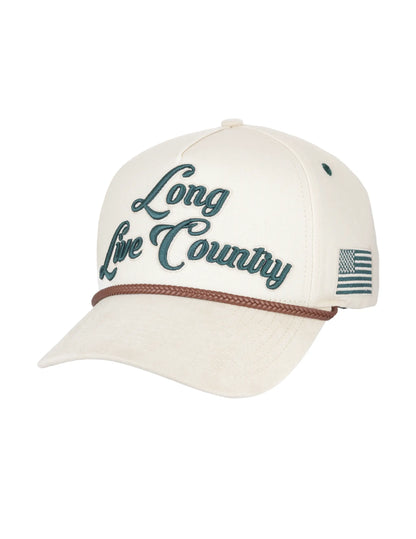 Cream-colored Opry long live country hat with teal script embroidery, American flag patch, and brown braided cord brim