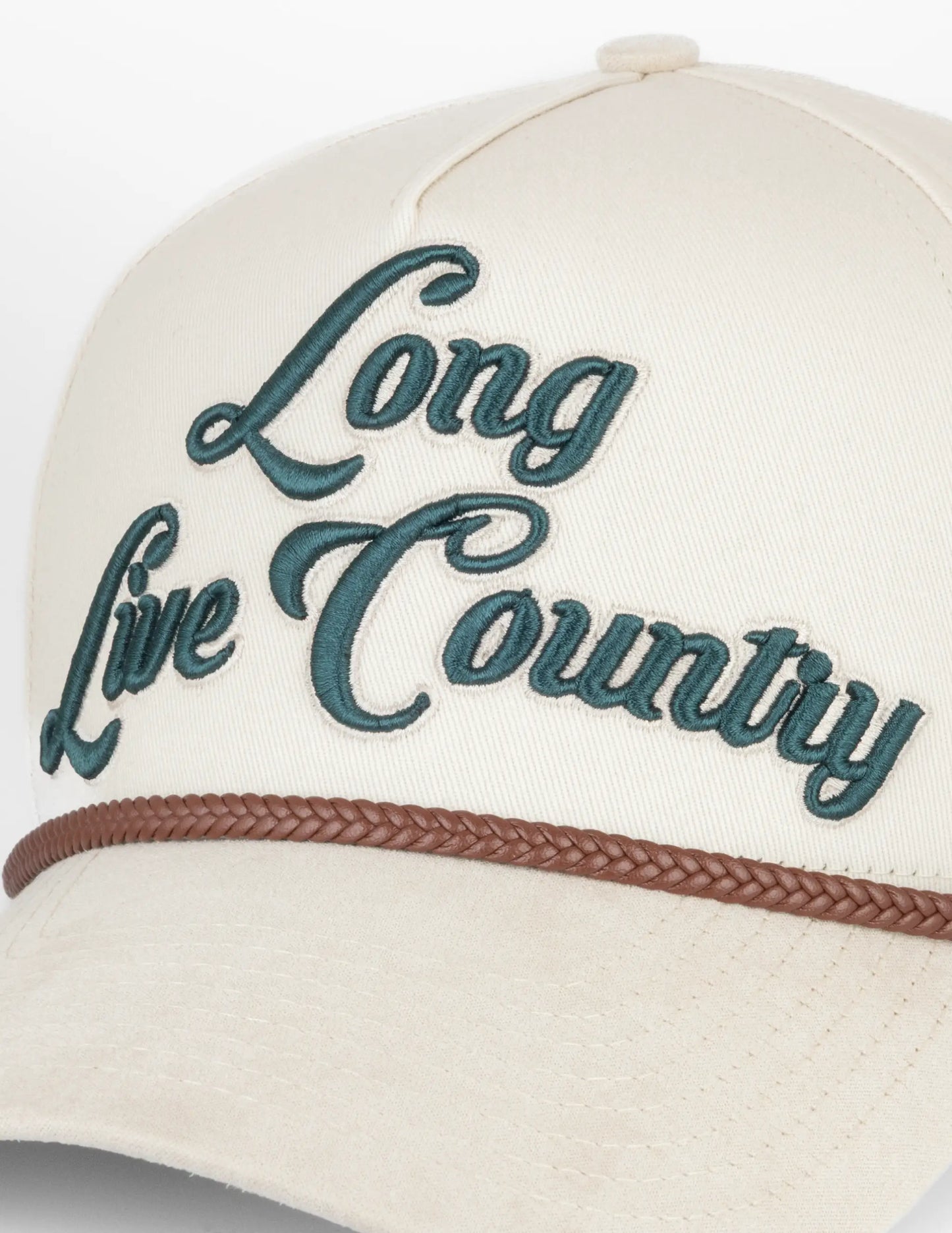 Cream-colored Opry Long Live Country baseball cap with dark teal embroidery and brown braided band