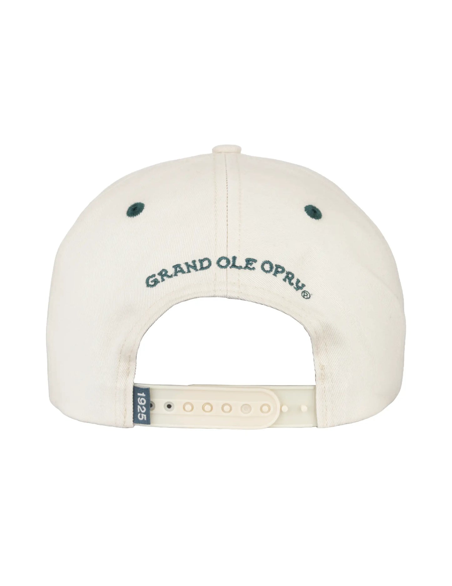 Cream-colored snapback Opry Long Live Country hat with dark green embroidered logo and white adjustable strap with black tag