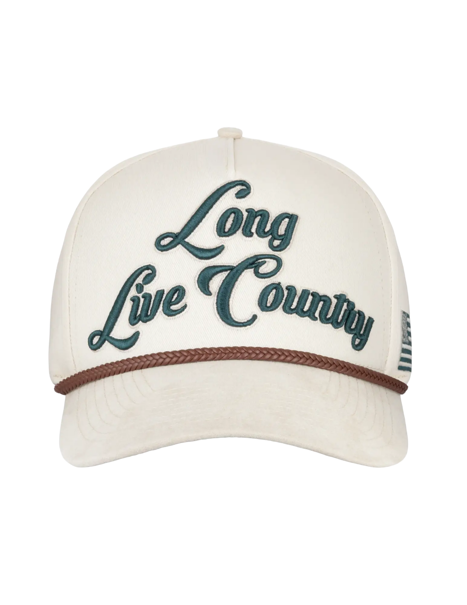 Cream-colored Opry long live country trucker hat with dark green script embroidery and brown braided band