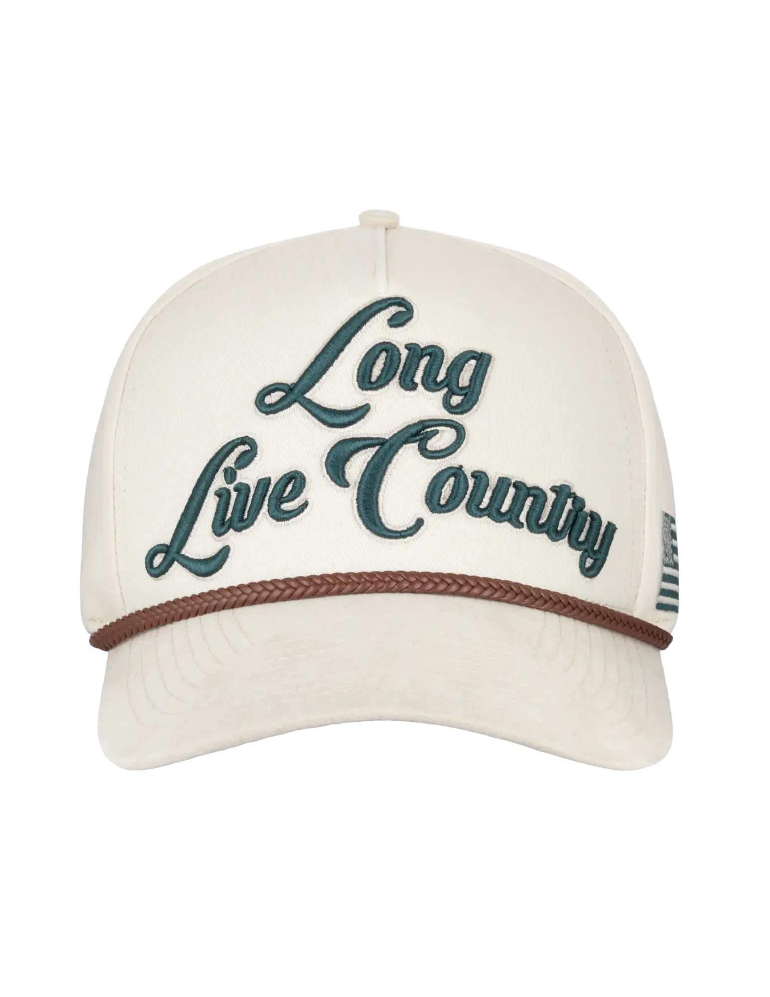 Cream-colored Opry long live country trucker hat with dark green script embroidery and brown braided band