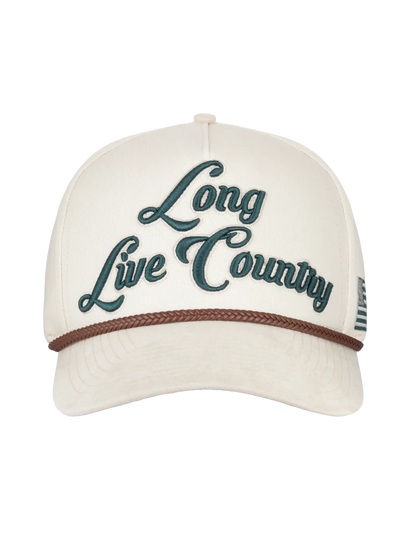 Cream-colored Opry long live country trucker hat with dark green script embroidery and brown braided band