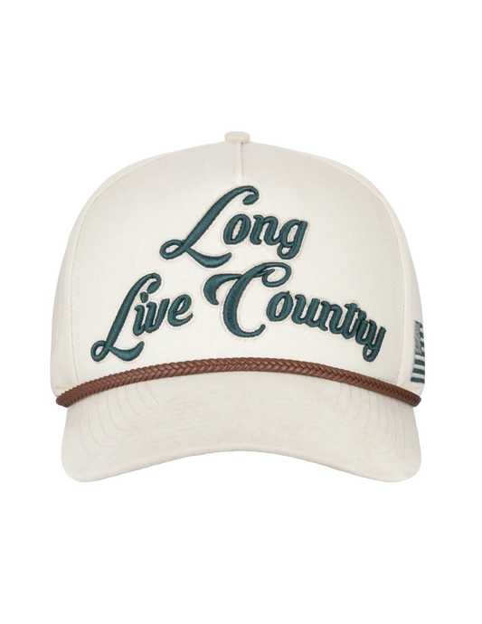 Cream-colored Opry long live country trucker hat with dark green script embroidery and brown braided band