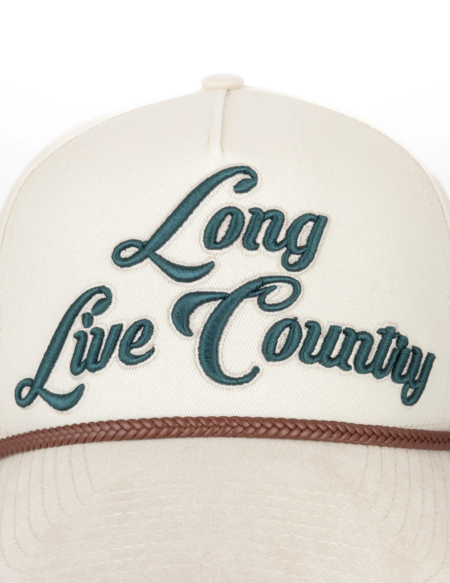 Cream-colored Opry long live country trucker hat with teal embroidered script and brown braided strap