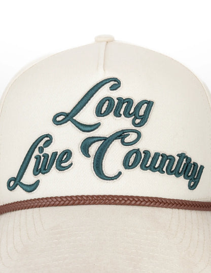 Cream-colored Opry long live country trucker hat with teal embroidered script and brown braided strap