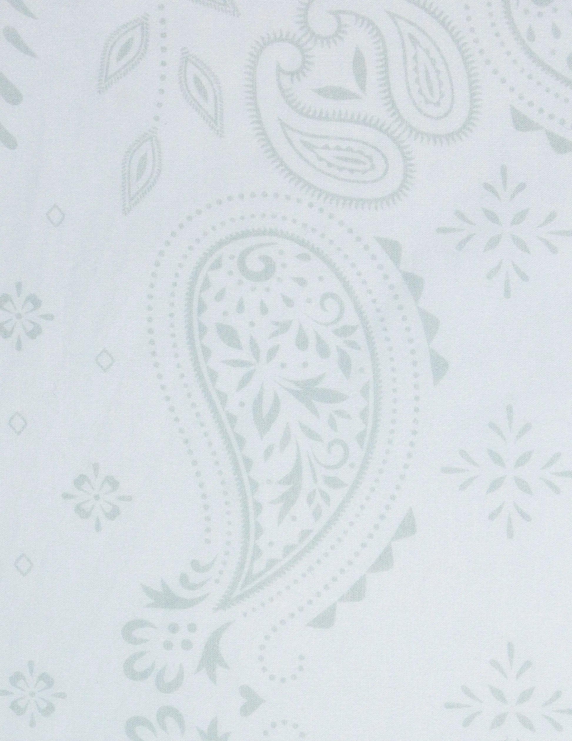 A delicate white opy paisley traveler bandana with a subtle light gray paisley pattern and intricate floral accents