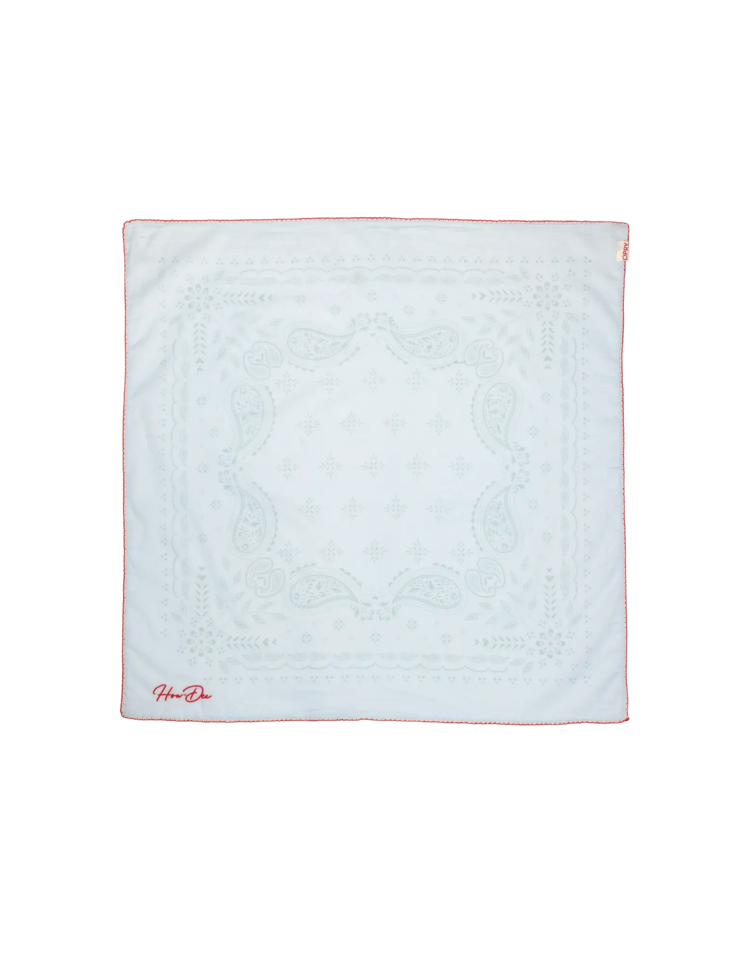White opry paisley traveler bandana with subtle embroidered paisley patterns thin red border and hou-do logo in red
