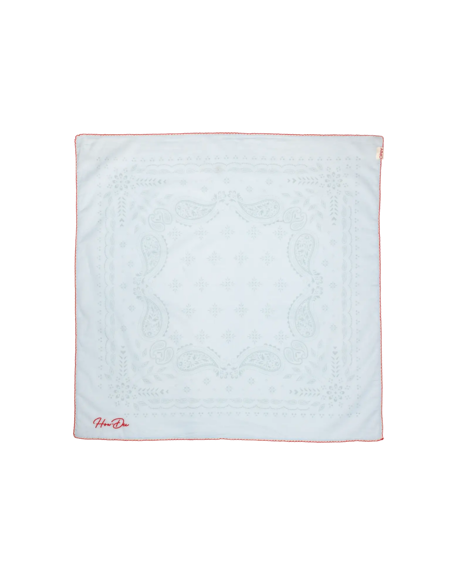 White opry paisley traveler bandana with subtle embroidered paisley patterns thin red border and hou-do logo in red