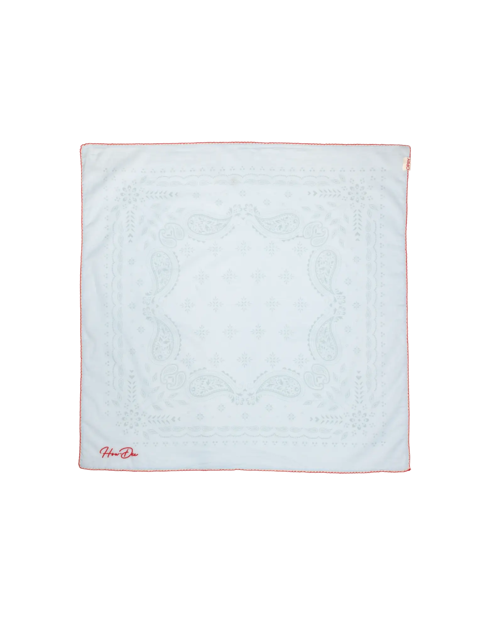 White opry paisley traveler bandana with subtle embroidered paisley patterns thin red border and hou-do logo in red