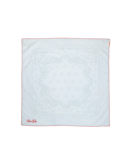 White opry paisley traveler bandana with subtle embroidered paisley patterns thin red border and hou-do logo in red