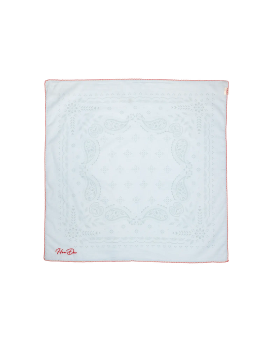 White opry paisley traveler bandana with subtle embroidered paisley patterns thin red border and hou-do logo in red