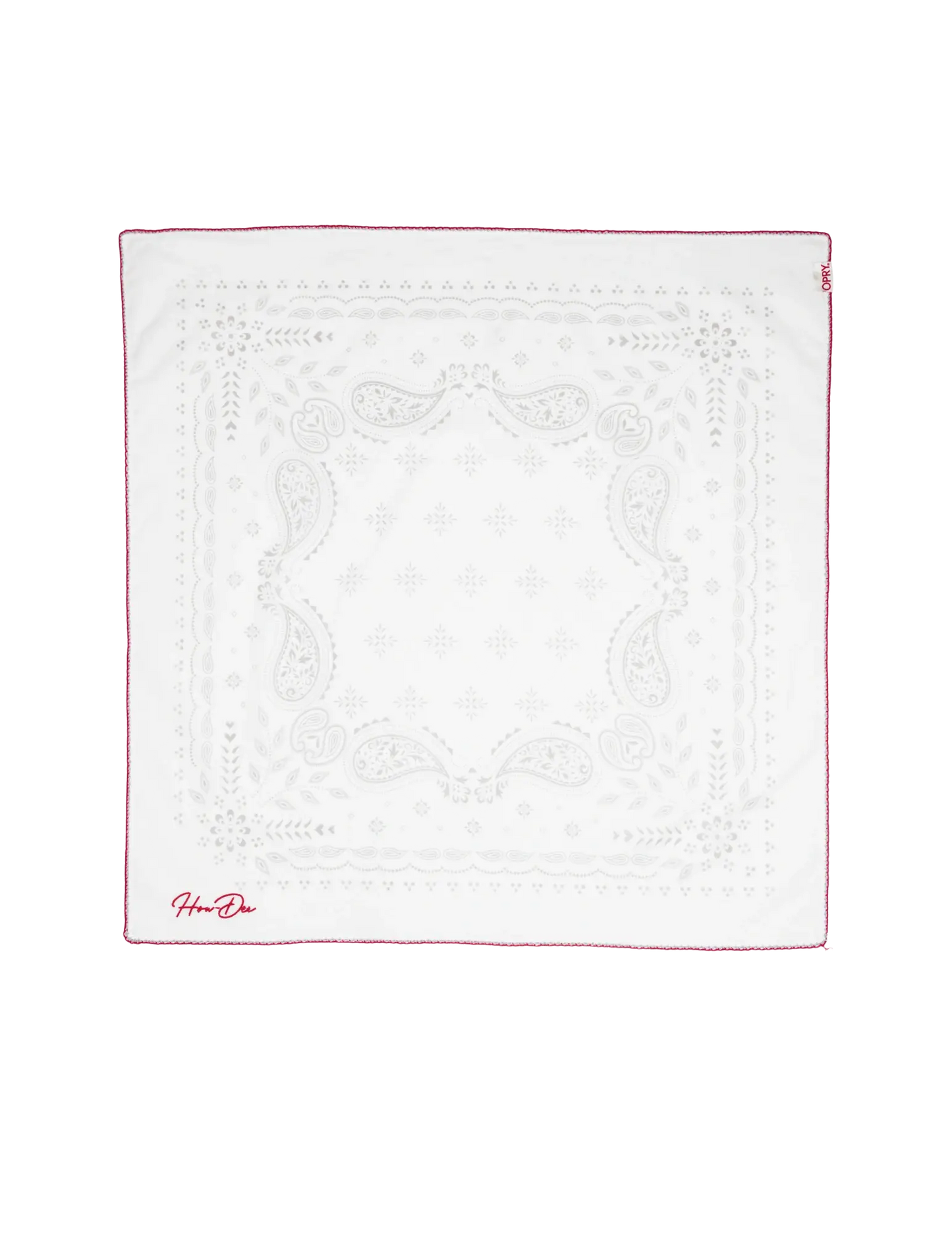 White square bandana with subtle cream paisley embroidery and thin red border featuring hermès signature in red