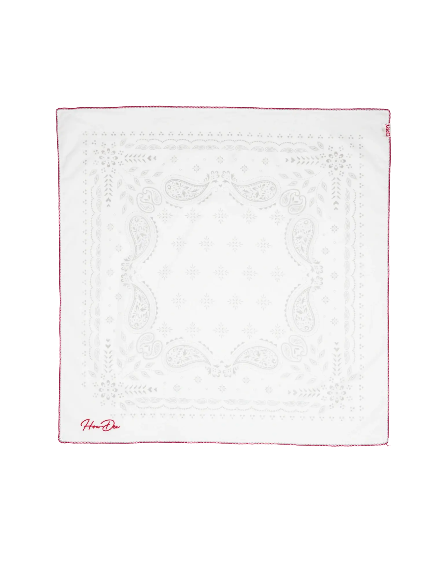White square bandana with subtle cream paisley embroidery and thin red border featuring hermès signature in red