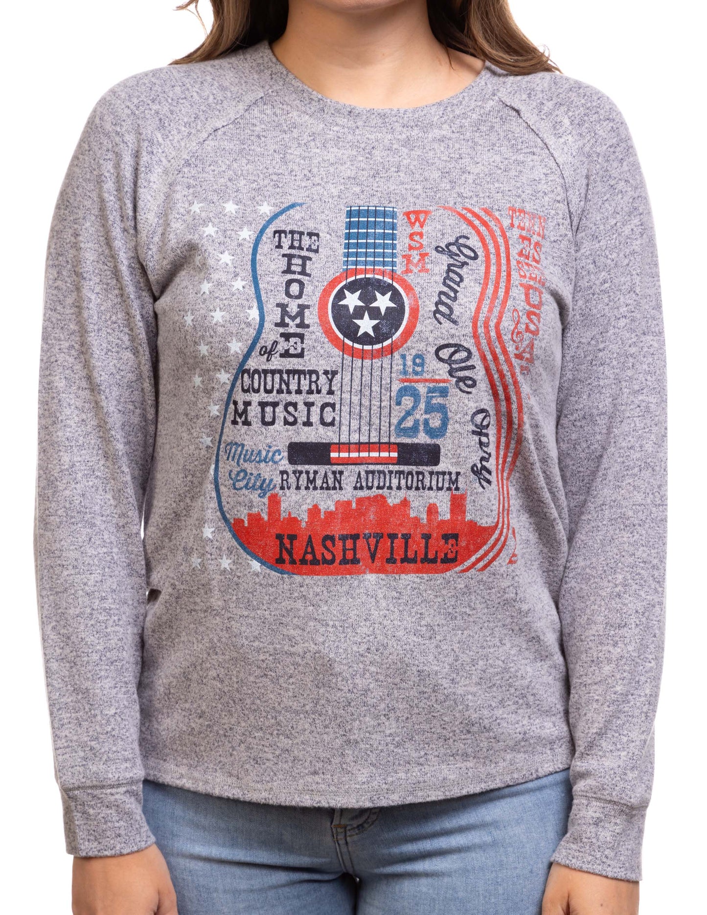 Opry Tri-Star Guitar Sweater Top - BLUE / SM - L/S