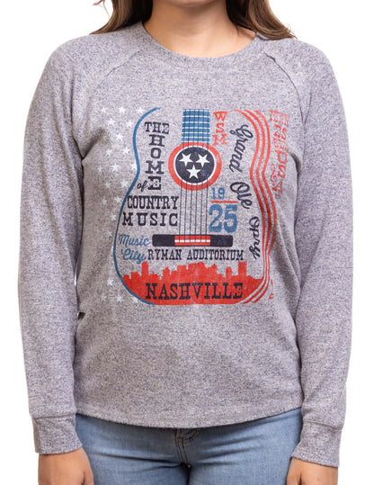 Opry Tri-Star Guitar Sweater Top - BLUE / SM - L/S