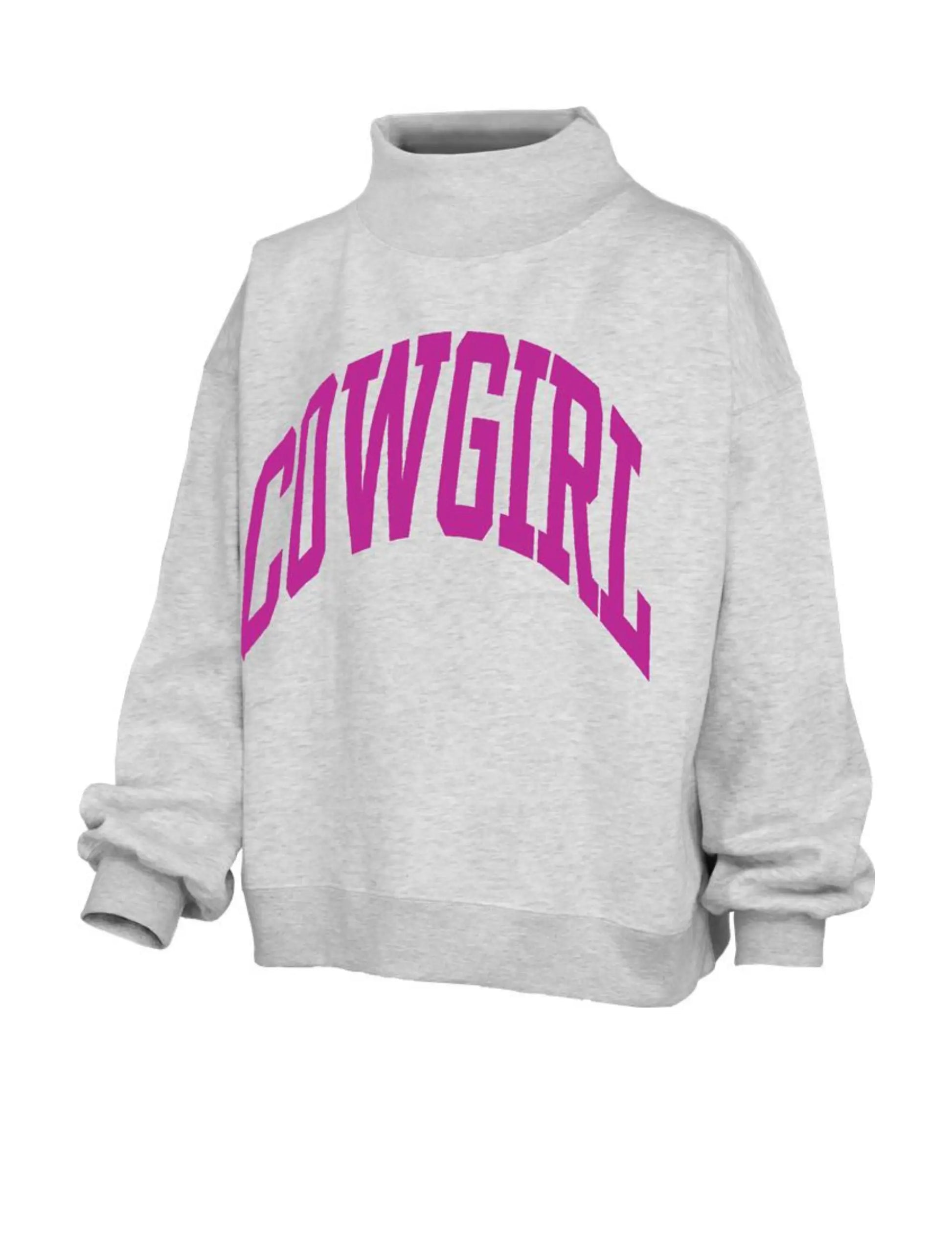 Gray sweatshirt with 'COWGIRL' in pink text on a white background