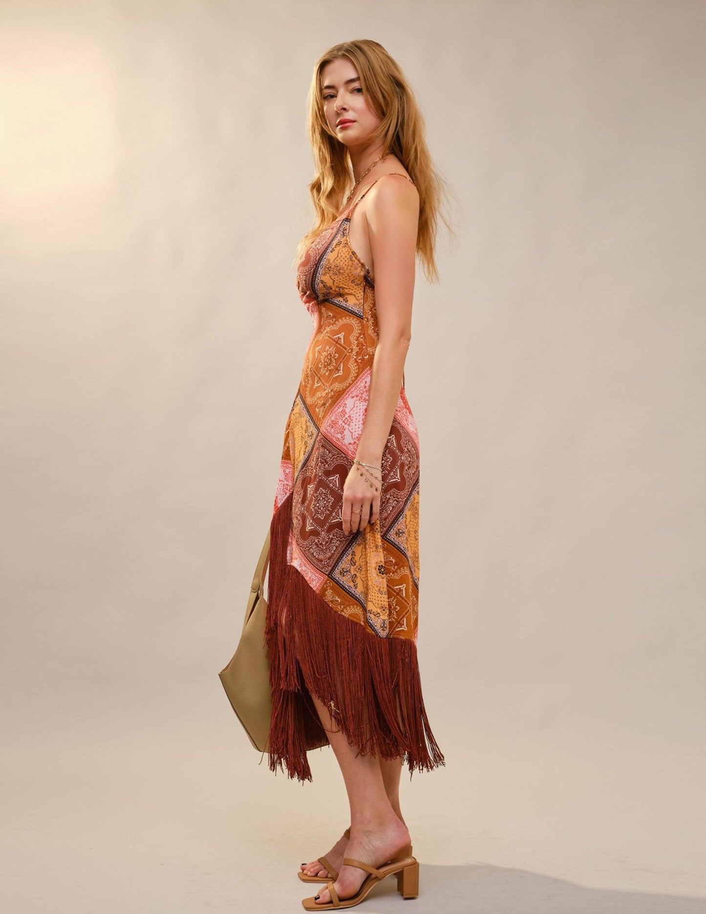 Patchwork Asymmetrical Fringe Hem Mxi Dress - DRESSES Item Subclass