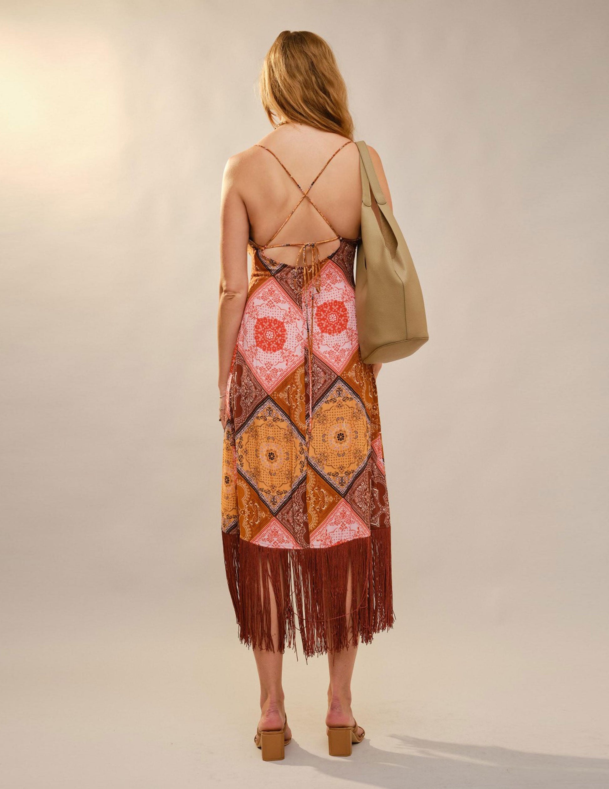 Patchwork Asymmetrical Fringe Hem Mxi Dress - DRESSES Item Subclass