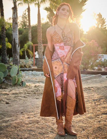 Patchwork Asymmetrical Fringe Hem Mxi Dress - DRESSES Item Subclass