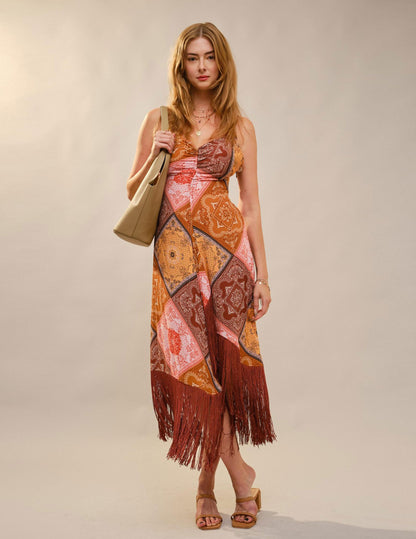 Patchwork Asymmetrical Fringe Hem Mxi Dress - DRESSES Item Subclass