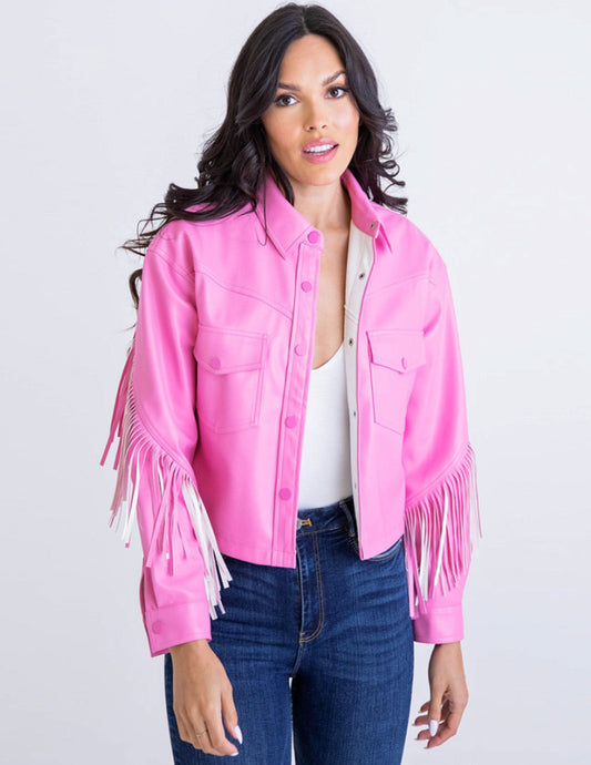 Pink Pleather Fringe Jacket - JACKETS