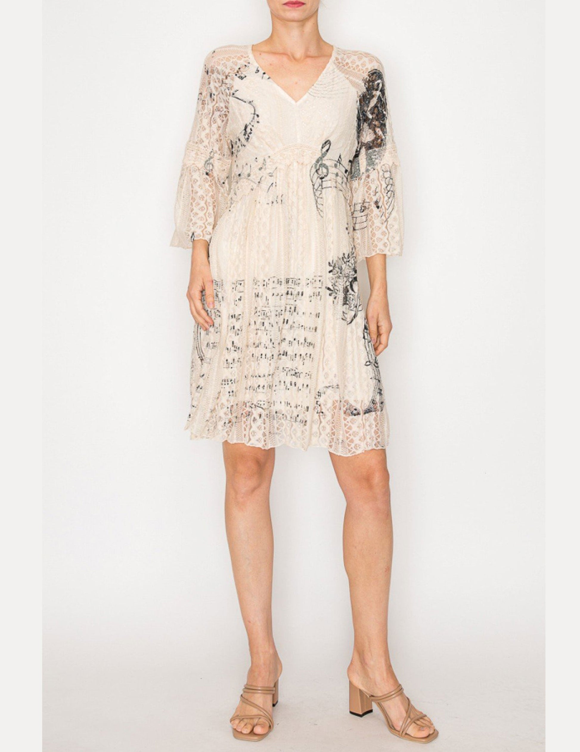 Printed Lace Long Sleeve Dress - DRESSES Item Subclass