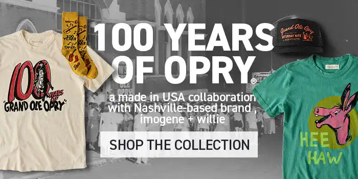 Promotional banner for ’100 Years of Opry’ merchandise.