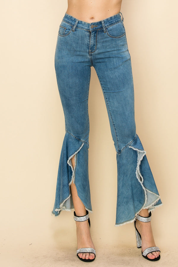 Raw Edge Bell Bottom Jeans - BOTTOMS