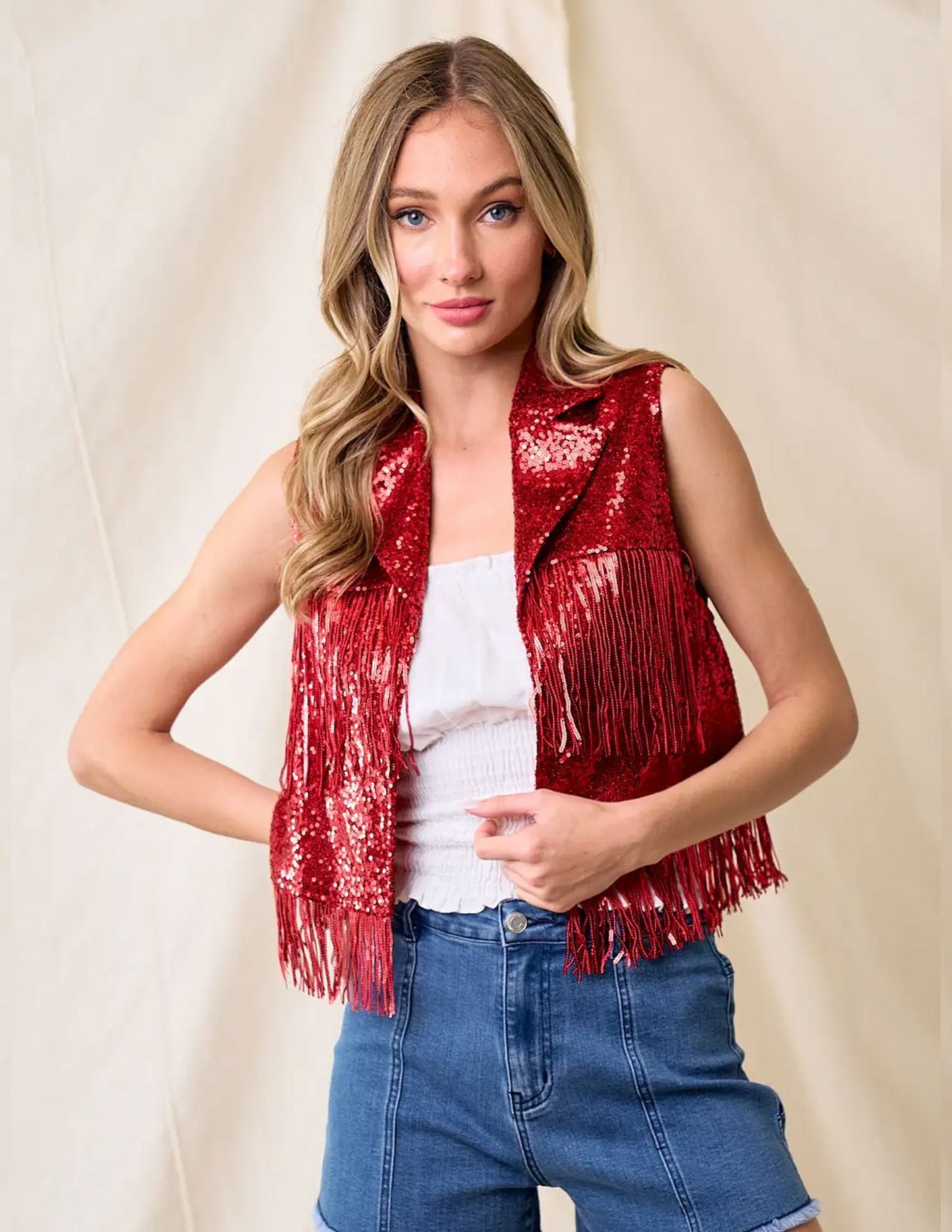 Red Sequins Fringe Vest - VESTS