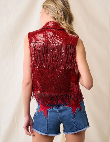 Red Sequins Fringe Vest - VESTS