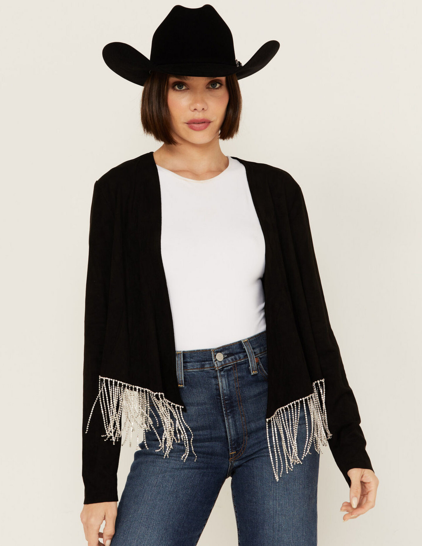 Rhinestone Fringe Suede Jacket - OUTERWEAR