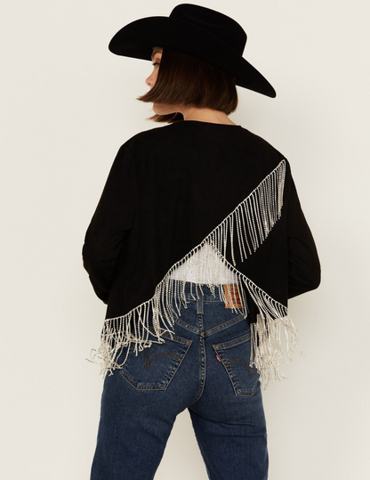 Rhinestone Fringe Suede Jacket - OUTERWEAR
