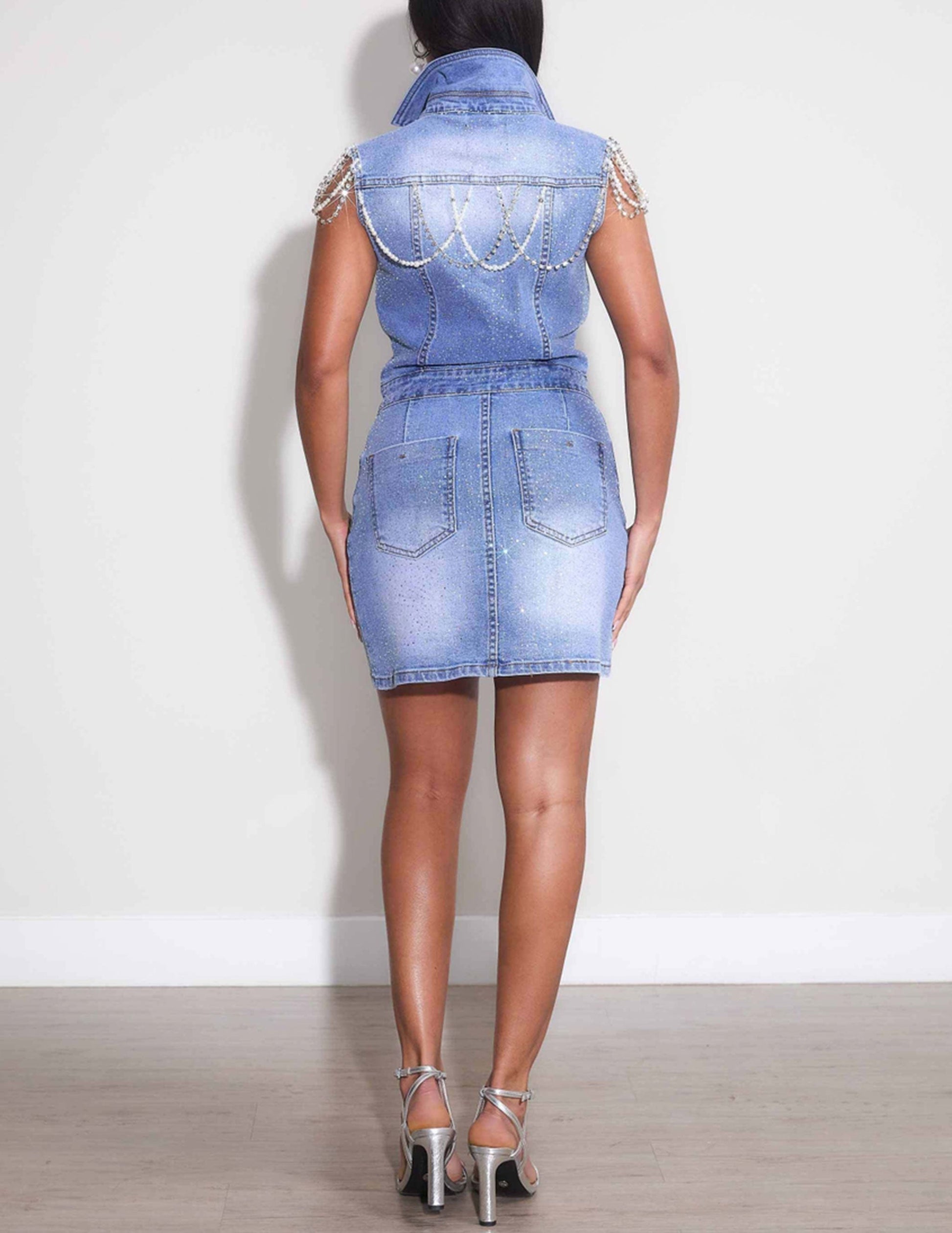 Rhinestone & Pearl Sleevless Denim Dress - DRESSES Item Subclass