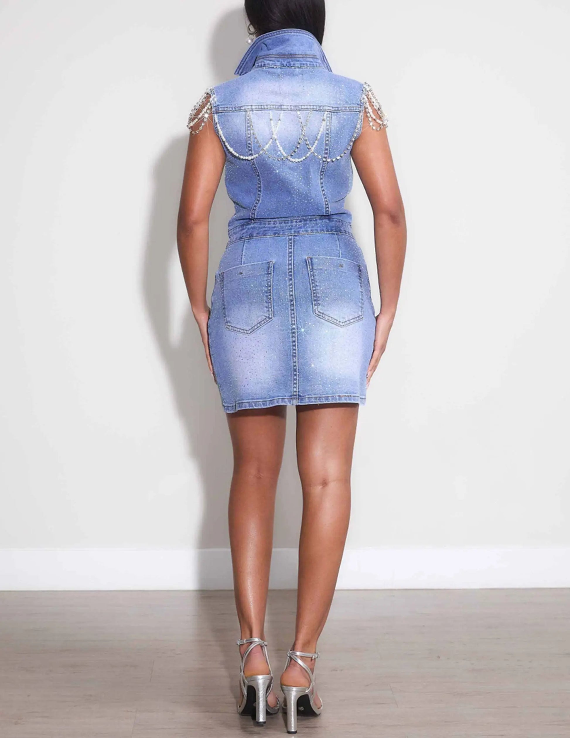 Rhinestone & Pearl Sleevless Denim Dress - DENIM / SM Rhinestone & Pearl Sleevless Denim Dress - DENIM / SM