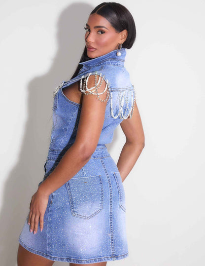 Rhinestone & Pearl Sleevless Denim Dress - DRESSES Item Subclass