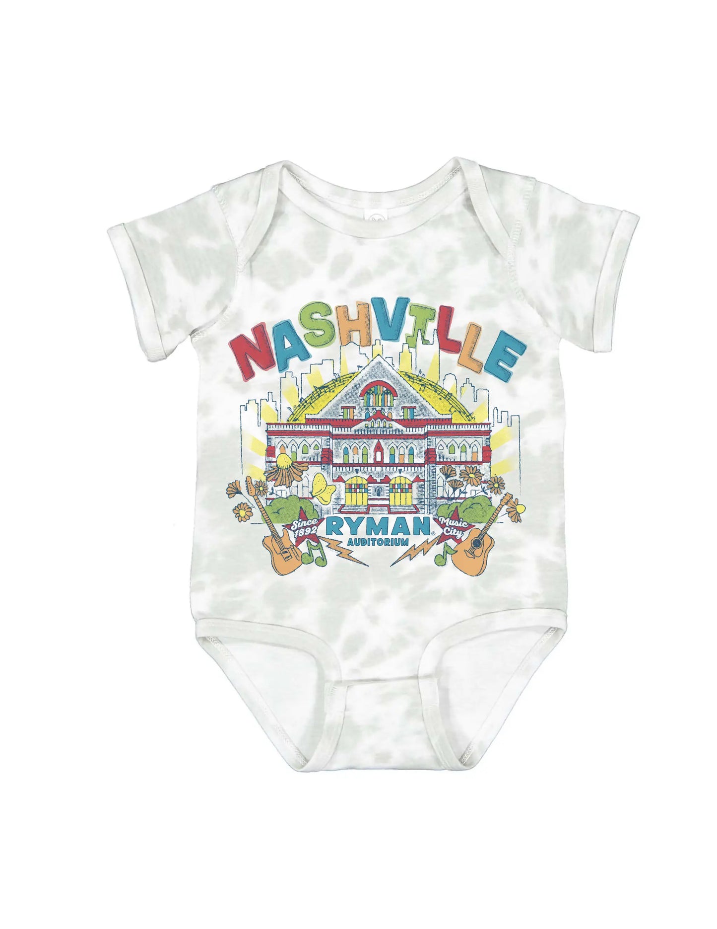 White baby onesie with colorful Nashville-themed design on a white background