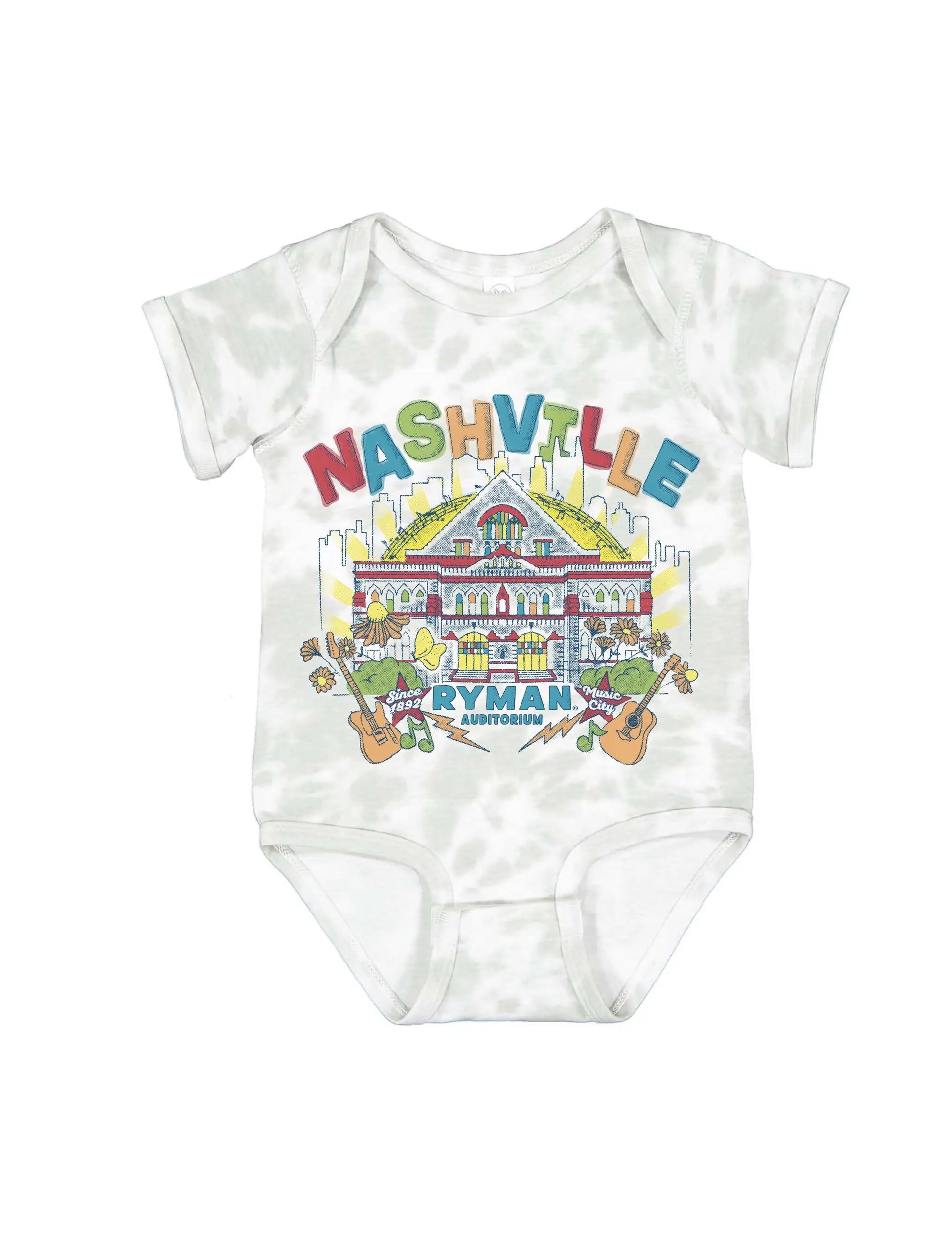 White baby onesie with colorful Nashville-themed design on a white background